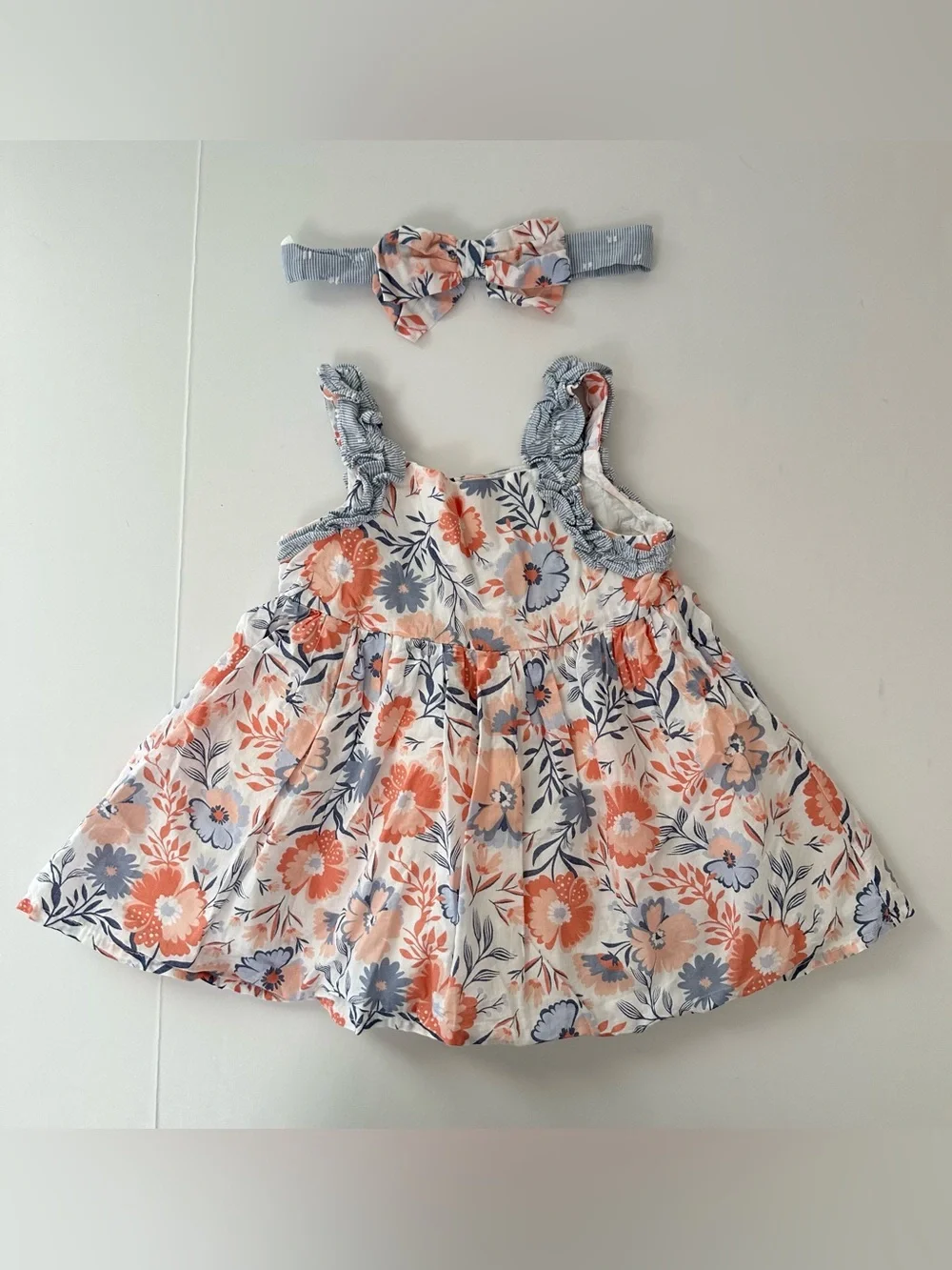 Tahari‎ Baby Girl Dress in Coral and Navy Floral Sundress with Bow